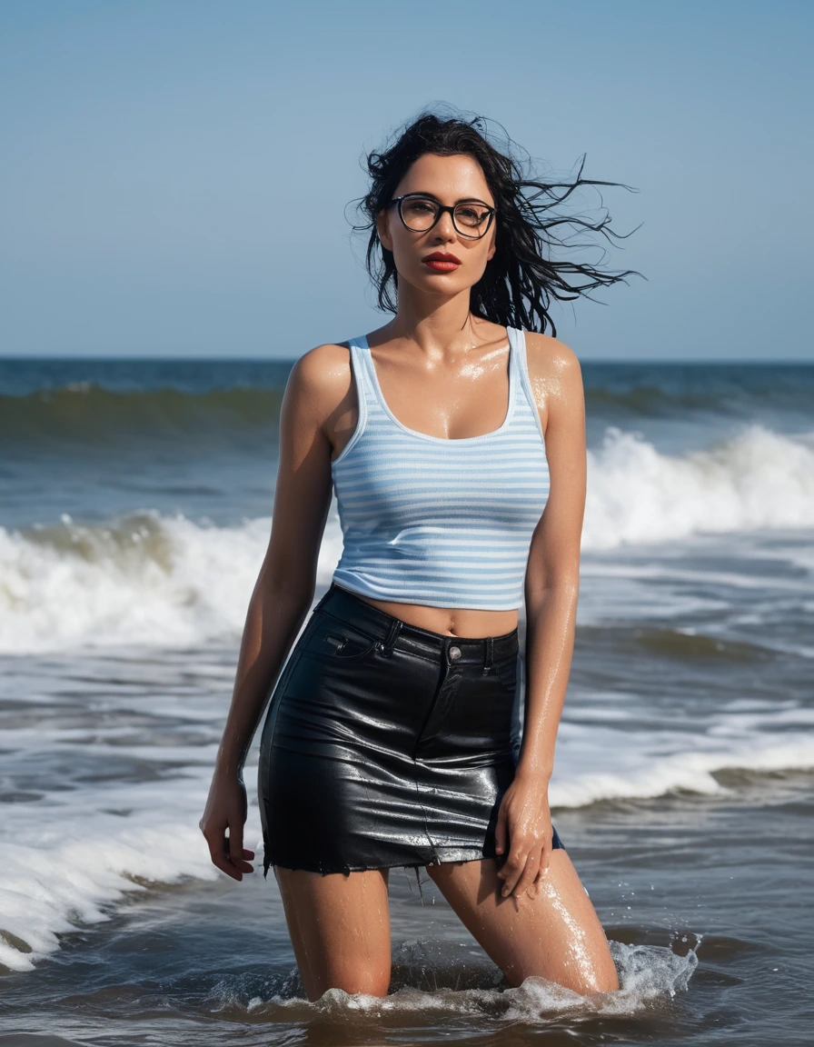 photo of young woman, in soaking wet, drenched clothes,
office shoes , short tight light blue leather jeans skirt, black & white striped tight tank top, walking in sea waves, 
enjoying, wet clothes stuck to body,
detailed textures of the wet clothes, wet face, wet plastered hair,
wet, drenched, professional, high-quality details, full body view.
sharp focus, ultra-high pixel detail, realistic, high-quality, full colors, incredibly detailed, 4k, 8k, 16k, hyper-realistic, RAW photo, masterpiece, ultra-detailed, professionally color graded, professional photograph, woman 51 years old, long black hair, very big and thick lips, office glasses, complete body, open mouth, dry skin, dry clothes, dry fabric