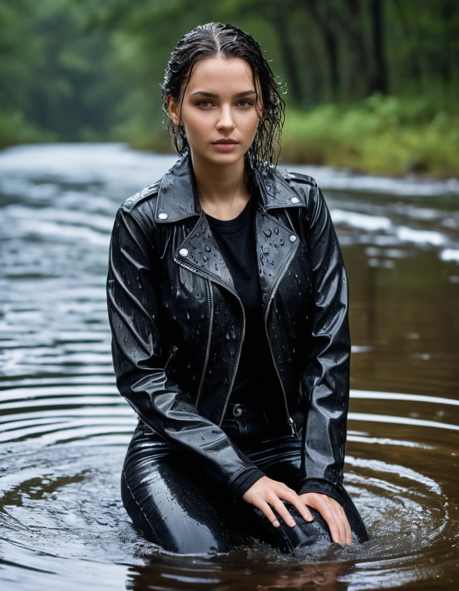 photo of young woman, in soaking wet, drenched clothes,
Black leather ankle boots, soaked and glistening , skin tight black leather jeans, saturated, black long sleeve leather shirt, black bikers leather jacket , snow covered forest, lying sbmerged in a river, head and sholders above the water, drenched, close up, 
enjoying, wet clothes stuck to body,
detailed textures of the wet clothes, wet face, wet plastered hair,
wet, drenched, professional, high-quality details, full body view.
sharp focus, ultra-high pixel detail, realistic, high-quality, full colors, incredibly detailed, 4k, 8k, 16k, hyper-realistic, RAW photo, masterpiece, ultra-detailed, professionally color graded, professional photograph, intense wind-driven rain, hyper-realistic water droplets, cinematic rim lighting, fabric transparency, high-fashion editorial aesthetic, drenched hair, dry skin, dry clothes, dry fabric