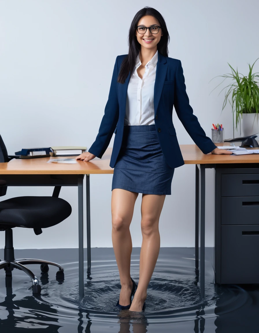 photo of young woman, in soaking wet, drenched clothes,
office shoes , darkblue miniskirt with pantyhose, Darkblue fancy blazer over topless, in flooded office room on the swivel chair. Half meter water level in the office, 
enjoying, wet clothes stuck to body,
detailed textures of the wet clothes, wet face, wet plastered hair,
wet, drenched, professional, high-quality details, full body view.
sharp focus, ultra-high pixel detail, realistic, high-quality, full colors, incredibly detailed, 4k, 8k, 16k, hyper-realistic, RAW photo, masterpiece, ultra-detailed, professionally color graded, professional photograph, Gleaming woman 51 years old, large boobs, very long black hair, smiling face expression, office glasses, complete body picture with legs, dry hair, dry blazer, dry skirt, dry skin, dry clothes, dry fabric