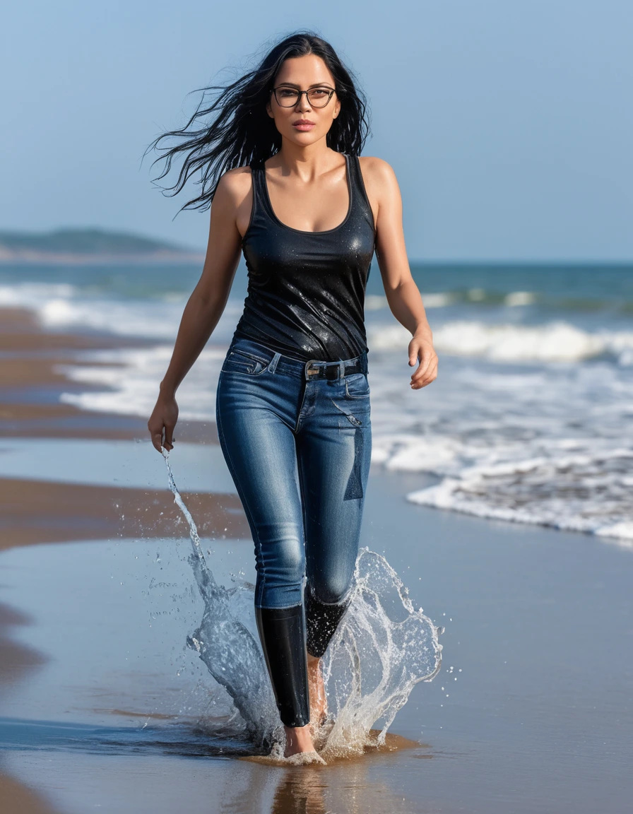 photo of young woman, in soaking wet, drenched clothes,
office shoes , long blue jeans leggins, black tight tank top, walking on the beach, 
enjoying, wet clothes stuck to body,
detailed textures of the wet clothes, wet face, wet plastered hair,
wet, drenched, professional, high-quality details, full body view.
sharp focus, ultra-high pixel detail, realistic, high-quality, full colors, incredibly detailed, 4k, 8k, 16k, hyper-realistic, RAW photo, masterpiece, ultra-detailed, professionally color graded, professional photograph, woman 51 years old, long black hair, very big and thick lips, office glasses, complete body, open mouth, dry skin, dry clothes, dry fabric