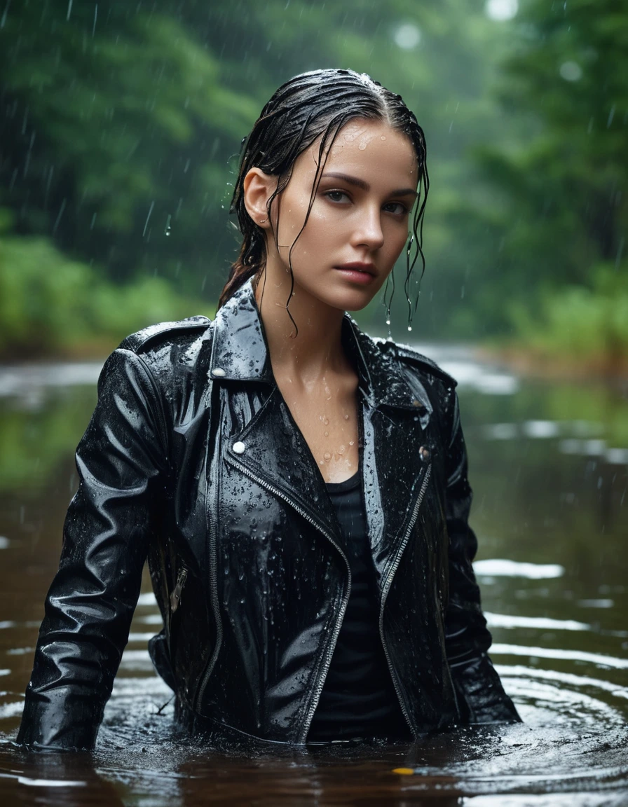 photo of young woman, in soaking wet, drenched clothes,
Black leather ankle boots, soaked and glistening , skin tight black leather jeans, saturated, black long sleeve leather shirt, black bikers leather jacket , snow covered forest, lying sbmerged in a river, head and sholders above the water, drenched, close up, 
enjoying, wet clothes stuck to body,
detailed textures of the wet clothes, wet face, wet plastered hair,
wet, drenched, professional, high-quality details, full body view.
sharp focus, ultra-high pixel detail, realistic, high-quality, full colors, incredibly detailed, 4k, 8k, 16k, hyper-realistic, RAW photo, masterpiece, ultra-detailed, professionally color graded, professional photograph, intense wind-driven rain, hyper-realistic water droplets, cinematic rim lighting, fabric transparency, high-fashion editorial aesthetic, drenched hair, dry skin, dry clothes, dry fabric