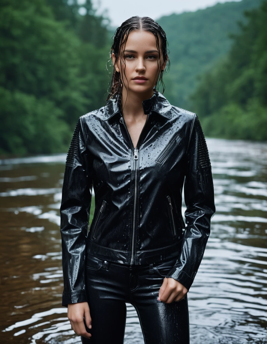 photo of young woman, in soaking wet, drenched clothes,
Black leather ankle boots, soaked and glistening , skin tight black leather jeans, saturated, black long sleeve leather shirt, black bikers leather jacket , snow covered forest, standing waiste deep in a river, drenched, close up, 
enjoying, wet clothes stuck to body,
detailed textures of the wet clothes, wet face, wet plastered hair,
wet, drenched, professional, high-quality details, full body view.
sharp focus, ultra-high pixel detail, realistic, high-quality, full colors, incredibly detailed, 4k, 8k, 16k, hyper-realistic, RAW photo, masterpiece, ultra-detailed, professionally color graded, professional photograph, intense wind-driven rain, hyper-realistic water droplets, cinematic rim lighting, fabric transparency, high-fashion editorial aesthetic, drenched hair, dry skin, dry clothes, dry fabric