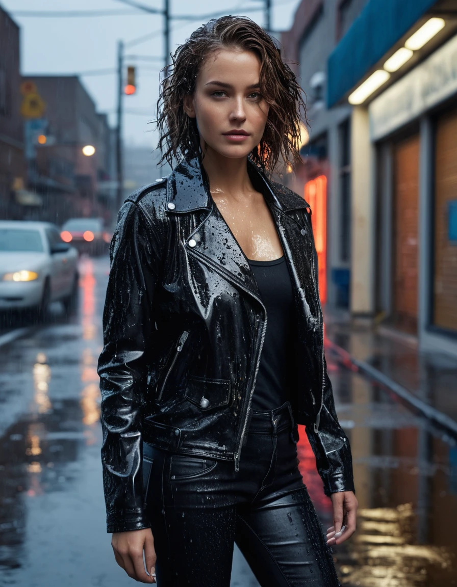photo of young woman, in soaking wet, drenched clothes,
Black leather ankle boots, soaked and glistening , skin tight black leather jeans, saturated, black long sleeve leather shirt, black bikers leather jacket , suburban street corner next to a neon-lit laundromat entrance, drenched, close up, 
enjoying, wet clothes stuck to body,
detailed textures of the wet clothes, wet face, wet plastered hair,
wet, drenched, professional, high-quality details, full body view.
sharp focus, ultra-high pixel detail, realistic, high-quality, full colors, incredibly detailed, 4k, 8k, 16k, hyper-realistic, RAW photo, masterpiece, ultra-detailed, professionally color graded, professional photograph, intense wind-driven rain, hyper-realistic water droplets, cinematic rim lighting, fabric transparency, high-fashion editorial aesthetic, drenched hair, dry skin, dry clothes, dry fabric