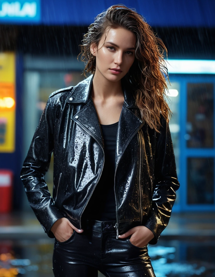 photo of young woman, in soaking wet, drenched clothes,
Black leather ankle boots, soaked and glistening , skin tight black leather jeans, saturated, black long sleeve leather shirt, black bikers leather jacket , suburban street corner next to a neon-lit laundromat entrance, drenched, close up, 
enjoying, wet clothes stuck to body,
detailed textures of the wet clothes, wet face, wet plastered hair,
wet, drenched, professional, high-quality details, full body view.
sharp focus, ultra-high pixel detail, realistic, high-quality, full colors, incredibly detailed, 4k, 8k, 16k, hyper-realistic, RAW photo, masterpiece, ultra-detailed, professionally color graded, professional photograph, intense wind-driven rain, hyper-realistic water droplets, cinematic rim lighting, fabric transparency, high-fashion editorial aesthetic, drenched hair, dry skin, dry clothes, dry fabric