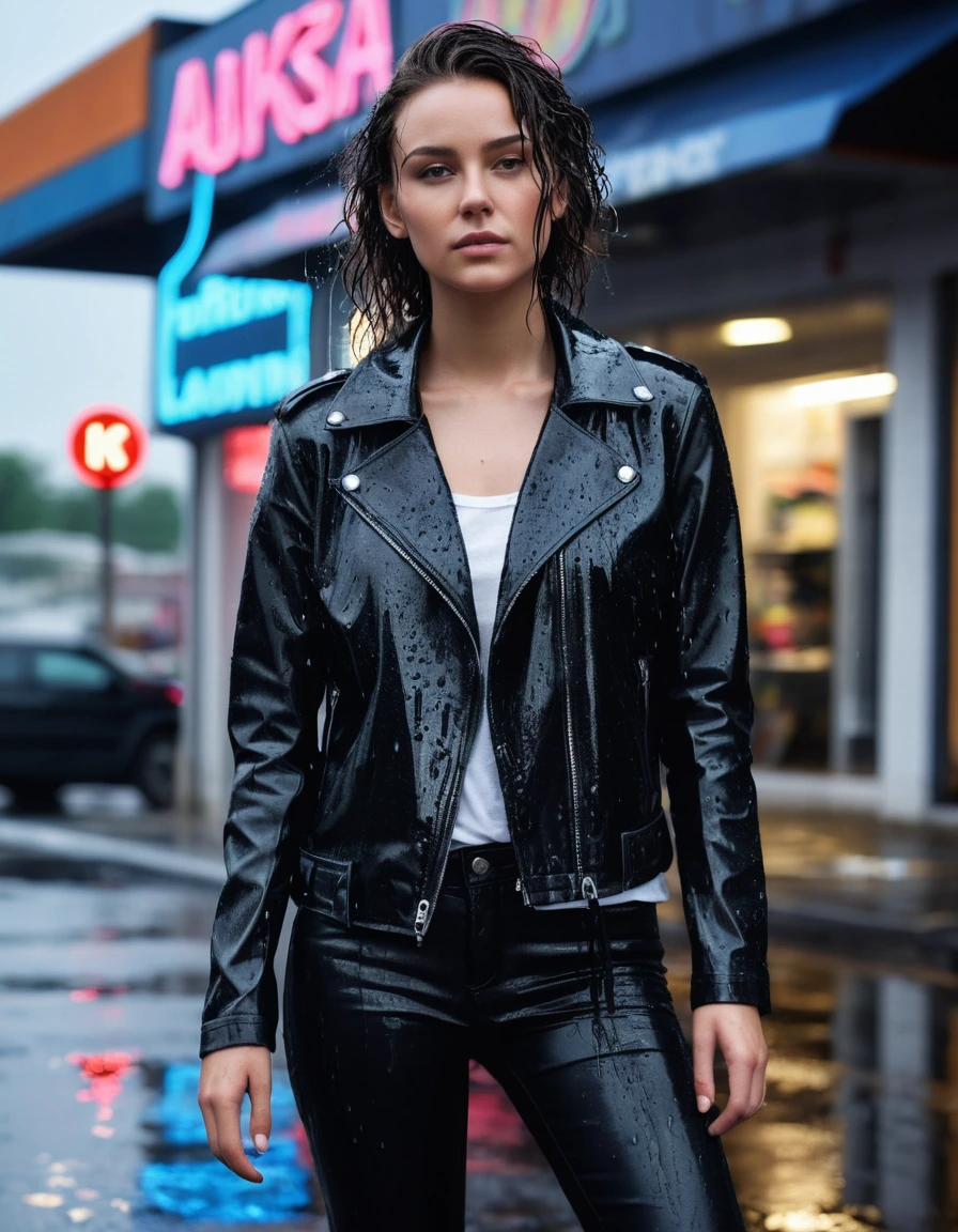 photo of young woman, in soaking wet, drenched clothes,
Black leather ankle boots, soaked and glistening , skin tight black leather jeans, saturated, black long sleeve leather shirt, black bikers leather jacket , suburban street corner next to a neon-lit laundromat entrance, drenched, close up, 
enjoying, wet clothes stuck to body,
detailed textures of the wet clothes, wet face, wet plastered hair,
wet, drenched, professional, high-quality details, full body view.
sharp focus, ultra-high pixel detail, realistic, high-quality, full colors, incredibly detailed, 4k, 8k, 16k, hyper-realistic, RAW photo, masterpiece, ultra-detailed, professionally color graded, professional photograph, intense wind-driven rain, hyper-realistic water droplets, cinematic rim lighting, fabric transparency, high-fashion editorial aesthetic, drenched hair, dry skin, dry clothes, dry fabric
