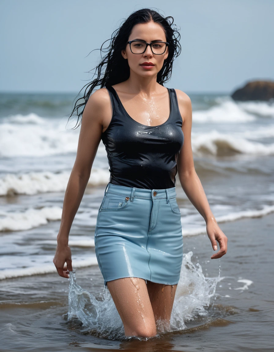 photo of young woman, in soaking wet, drenched clothes,
office shoes , short tight light blue leather jeans skirt, black tight tank top, walking in sea waves, 
enjoying, wet clothes stuck to body,
detailed textures of the wet clothes, wet face, wet plastered hair,
wet, drenched, professional, high-quality details, full body view.
sharp focus, ultra-high pixel detail, realistic, high-quality, full colors, incredibly detailed, 4k, 8k, 16k, hyper-realistic, RAW photo, masterpiece, ultra-detailed, professionally color graded, professional photograph, woman 51 years old, long black hair, very big and thick lips, office glasses, complete body, open mouth, dry skin, dry clothes, dry fabric