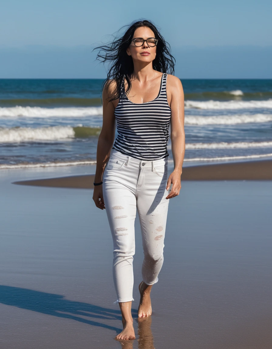 photo of young woman, in soaking wet, drenched clothes,
office shoes , long light white jeans, black & white striped tight tank top, walking on the beach, 
enjoying, wet clothes stuck to body,
detailed textures of the wet clothes, wet face, wet plastered hair,
wet, drenched, professional, high-quality details, full body view.
sharp focus, ultra-high pixel detail, realistic, high-quality, full colors, incredibly detailed, 4k, 8k, 16k, hyper-realistic, RAW photo, masterpiece, ultra-detailed, professionally color graded, professional photograph, woman 51 years old, long black hair, very big and thick lips, office glasses, complete body, open mouth,,, dry skin, dry clothes, dry fabric
