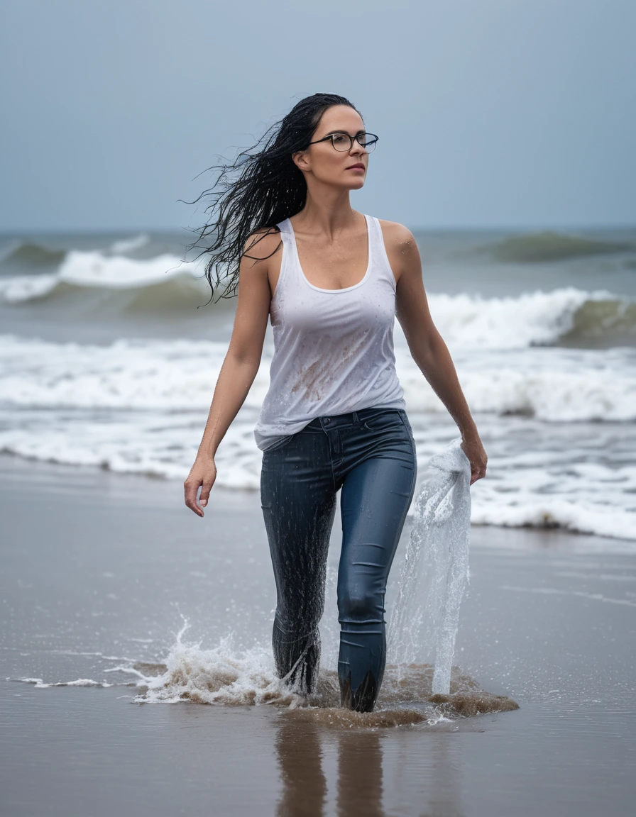 photo of young woman, in soaking wet, drenched clothes,
office shoes , long blue jeans leggins, white tight tank top, walking on the beach under hard rain, 
enjoying, wet clothes stuck to body,
detailed textures of the wet clothes, wet face, wet plastered hair,
wet, drenched, professional, high-quality details, full body view.
sharp focus, ultra-high pixel detail, realistic, high-quality, full colors, incredibly detailed, 4k, 8k, 16k, hyper-realistic, RAW photo, masterpiece, ultra-detailed, professionally color graded, professional photograph, woman 51 years old, long black hair, very big and thick lips, office glasses, complete body, open mouth, dry skin, dry clothes, dry fabric