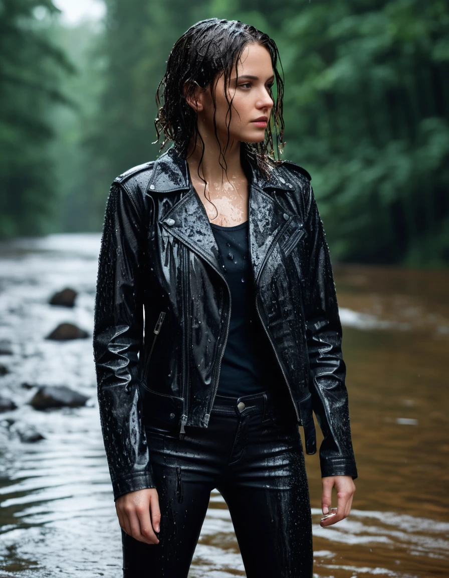 photo of young woman, in soaking wet, drenched clothes,
Black leather ankle boots, soaked and glistening , skin tight black leather jeans, saturated, black long sleeve leather shirt, black bikers leather jacket , snow covered forest, standing waiste deep in a river, drenched, close up, 
enjoying, wet clothes stuck to body,
detailed textures of the wet clothes, wet face, wet plastered hair,
wet, drenched, professional, high-quality details, full body view.
sharp focus, ultra-high pixel detail, realistic, high-quality, full colors, incredibly detailed, 4k, 8k, 16k, hyper-realistic, RAW photo, masterpiece, ultra-detailed, professionally color graded, professional photograph, intense wind-driven rain, hyper-realistic water droplets, cinematic rim lighting, fabric transparency, high-fashion editorial aesthetic, drenched hair, dry skin, dry clothes, dry fabric