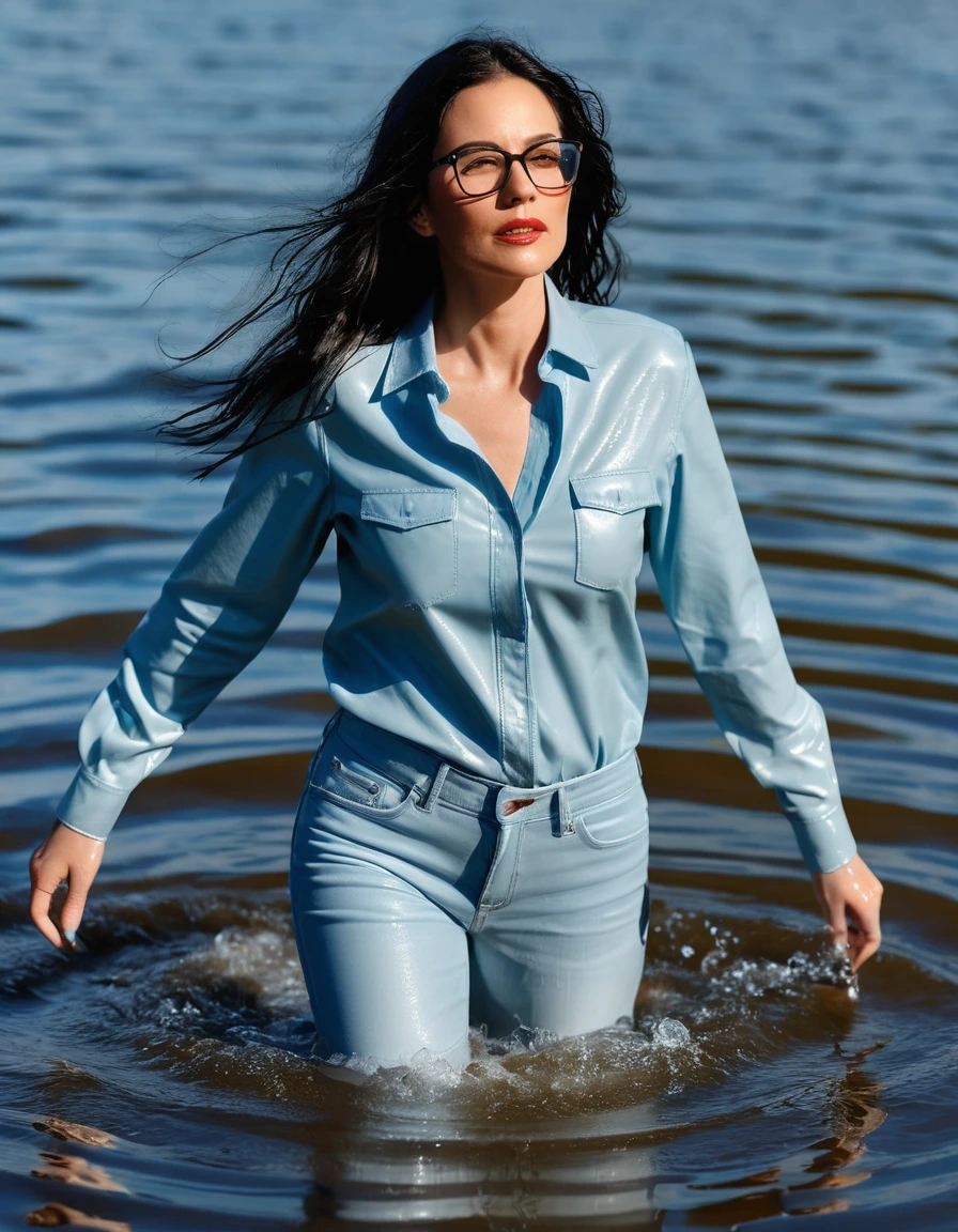 photo of young woman, in soaking wet, drenched clothes,
office shoes , long light blue leather jeans, long light blue leather jeans shirt with long sleeves, walking submerged in sunny deep lake, 
enjoying, wet clothes stuck to body,
detailed textures of the wet clothes, wet face, wet plastered hair,
wet, drenched, professional, high-quality details, full body view.
sharp focus, ultra-high pixel detail, realistic, high-quality, full colors, incredibly detailed, 4k, 8k, 16k, hyper-realistic, RAW photo, masterpiece, ultra-detailed, professionally color graded, professional photograph, woman 51 years old, long black hair, very big and thick lips, office glasses, complete body, open mouth,, dry skin, dry clothes, dry fabric