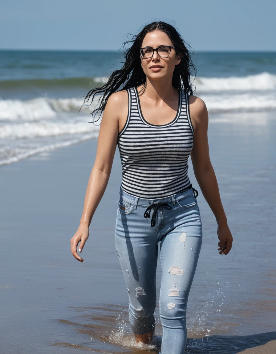 photo of young woman, in soaking wet, drenched clothes,
office shoes , long light blue jeans leggins, black & white striped tight tank top, walking on the beach, 
enjoying, wet clothes stuck to body,
detailed textures of the wet clothes, wet face, wet plastered hair,
wet, drenched, professional, high-quality details, full body view.
sharp focus, ultra-high pixel detail, realistic, high-quality, full colors, incredibly detailed, 4k, 8k, 16k, hyper-realistic, RAW photo, masterpiece, ultra-detailed, professionally color graded, professional photograph, woman 51 years old, long black hair, very big and thick lips, office glasses, complete body, open mouth, dry skin, dry clothes, dry fabric