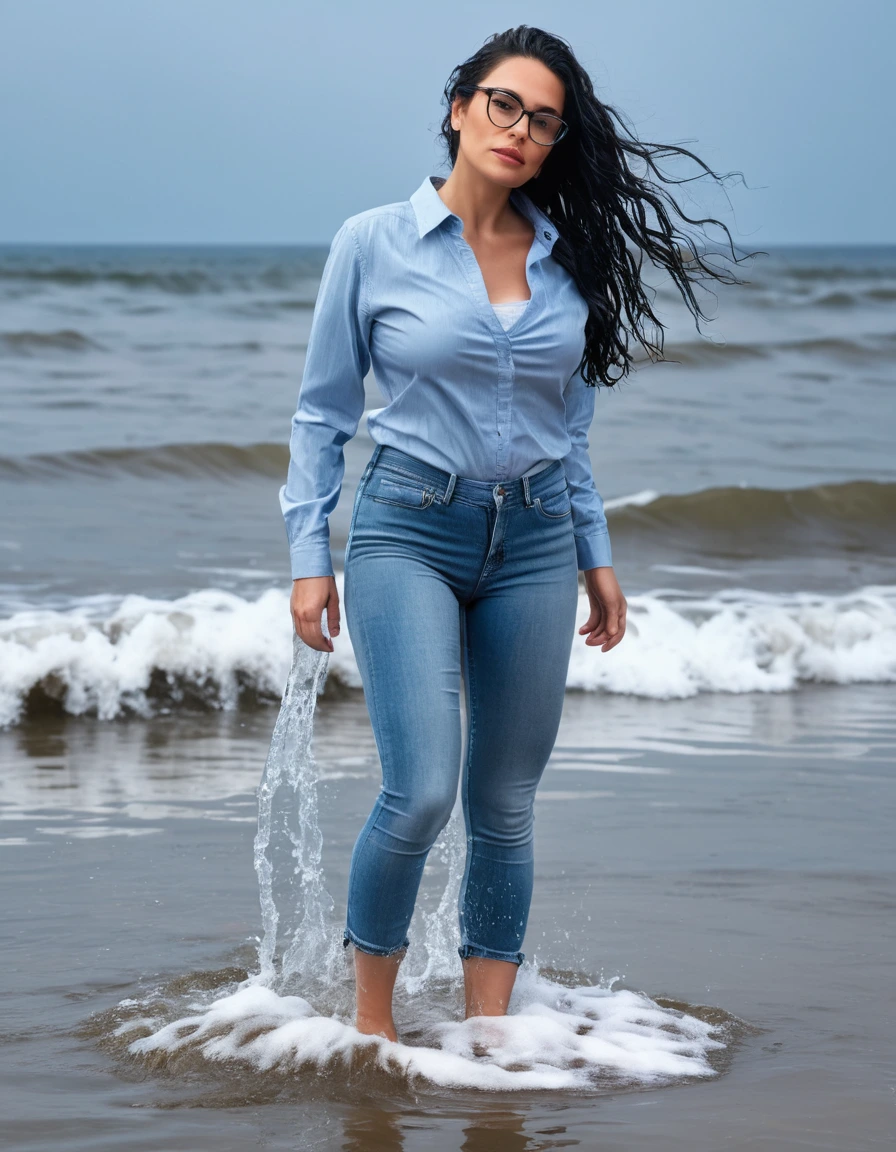photo of young woman, in soaking wet, drenched clothes,
office shoes , long light blue tight jeans shinning, light blue tight jeans top, standing complete submerged in the waves, 
enjoying, wet clothes stuck to body,
detailed textures of the wet clothes, wet face, wet plastered hair,
wet, drenched, professional, high-quality details, full body view.
sharp focus, ultra-high pixel detail, realistic, high-quality, full colors, incredibly detailed, 4k, 8k, 16k, hyper-realistic, RAW photo, masterpiece, ultra-detailed, professionally color graded, professional photograph, woman 51 years old, long black hair, very big and thick lips, office glasses, complete body, open mouth, dry skin, dry clothes, dry fabric