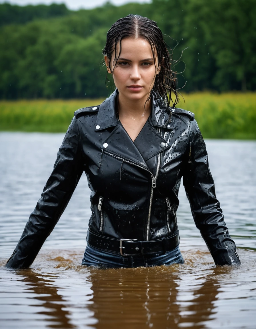 photo of young woman, in soaking wet, drenched clothes,
Black leather ankle boots, soaked and glistening, skin tight black leather jeans, saturated, black long sleeve leather shirt, black bikers leather jacket, swimming in a lake, drenched, close up, 
enjoying, wet clothes stuck to body,
detailed textures of the wet clothes, wet face, wet plastered hair,
wet, drenched, professional, high-quality details, full body view.
sharp focus, ultra-high pixel detail, realistic, high-quality, full colors, incredibly detailed, 4k, 8k, 16k, hyper-realistic, RAW photo, masterpiece, ultra-detailed, professionally color graded, professional photograph, saturated leather clinging to skin, intense flash photography, glossy wet borwn hair, water droplets on skin, sharp contrast, cinematic street lighting, high resolution, dry skin, dry clothes, dry fabric