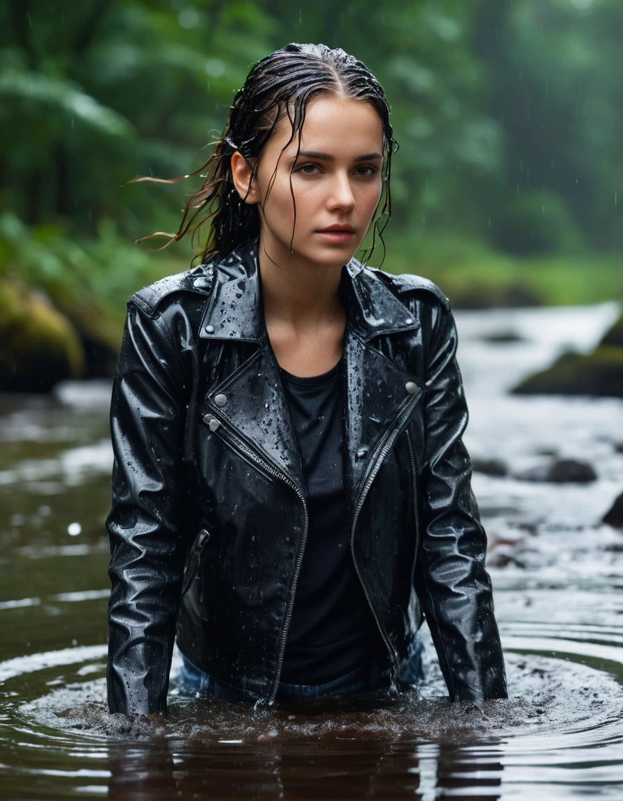 photo of young woman, in soaking wet, drenched clothes,
Black leather ankle boots, soaked and glistening , skin tight black leather jeans, saturated, black long sleeve leather shirt, black bikers leather jacket , snow covered forest, lying sbmerged in a river, head and sholders above the water, drenched, close up, 
enjoying, wet clothes stuck to body,
detailed textures of the wet clothes, wet face, wet plastered hair,
wet, drenched, professional, high-quality details, full body view.
sharp focus, ultra-high pixel detail, realistic, high-quality, full colors, incredibly detailed, 4k, 8k, 16k, hyper-realistic, RAW photo, masterpiece, ultra-detailed, professionally color graded, professional photograph, intense wind-driven rain, hyper-realistic water droplets, cinematic rim lighting, fabric transparency, high-fashion editorial aesthetic, drenched hair, dry skin, dry clothes, dry fabric