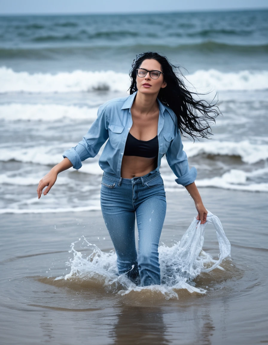 photo of young woman, in soaking wet, drenched clothes,
office shoes , long light blue tight jeans shinning, light blue tight jeans top, walking submerged in the waves, 
enjoying, wet clothes stuck to body,
detailed textures of the wet clothes, wet face, wet plastered hair,
wet, drenched, professional, high-quality details, full body view.
sharp focus, ultra-high pixel detail, realistic, high-quality, full colors, incredibly detailed, 4k, 8k, 16k, hyper-realistic, RAW photo, masterpiece, ultra-detailed, professionally color graded, professional photograph, woman 51 years old, long black hair, very big and thick lips, office glasses, complete body, open mouth, dry skin, dry clothes, dry fabric