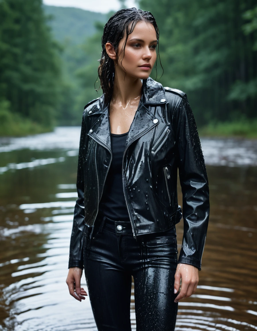 photo of young woman, in soaking wet, drenched clothes,
Black leather ankle boots, soaked and glistening , skin tight black leather jeans, saturated, black long sleeve leather shirt, black bikers leather jacket , snow covered forest, standing waiste deep in a river, drenched, close up, 
enjoying, wet clothes stuck to body,
detailed textures of the wet clothes, wet face, wet plastered hair,
wet, drenched, professional, high-quality details, full body view.
sharp focus, ultra-high pixel detail, realistic, high-quality, full colors, incredibly detailed, 4k, 8k, 16k, hyper-realistic, RAW photo, masterpiece, ultra-detailed, professionally color graded, professional photograph, intense wind-driven rain, hyper-realistic water droplets, cinematic rim lighting, fabric transparency, high-fashion editorial aesthetic, drenched hair, dry skin, dry clothes, dry fabric