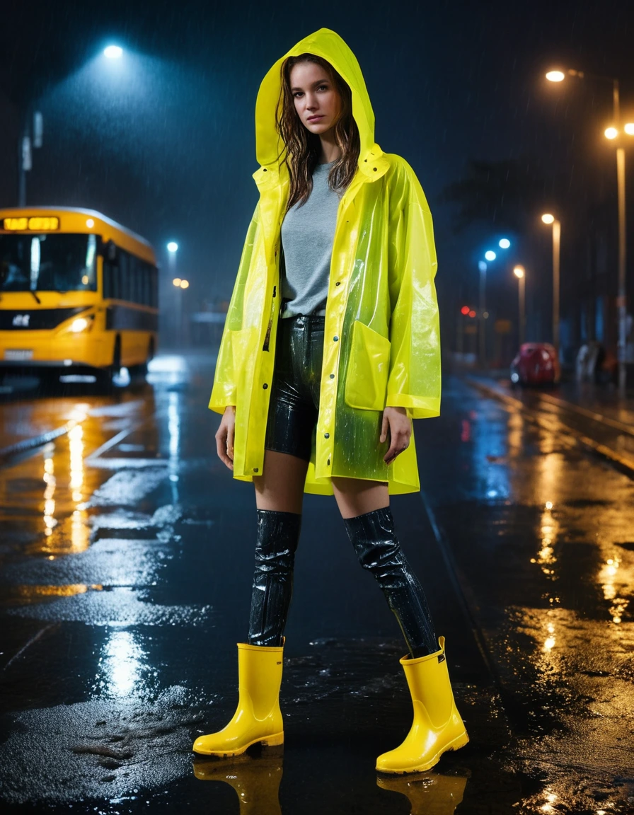 photo of young woman, in soaking wet, drenched clothes,
black rubber rain boots, glossy finish, mud splatters, sheer charcoal grey tights soaked through, fabric clinging to skin, oversized neon yellow translucent vinyl raincoat, hooded, dimly lit city bus stop at night, rain-slicked pavement, 
enjoying, wet clothes stuck to body,
detailed textures of the wet clothes, wet face, wet plastered hair,
wet, drenched, professional, high-quality details, full body view.
sharp focus, ultra-high pixel detail, realistic, high-quality, full colors, incredibly detailed, 4k, 8k, 16k, hyper-realistic, RAW photo, masterpiece, ultra-detailed, professionally color graded, professional photograph, heavy downpour, water dripping from hair and hood, cinematic rim lighting, volumetric fog, hyper-realistic droplets, wet texture, dramatic night atmosphere, 8k resolution, dry skin, dry clothes, dry fabric