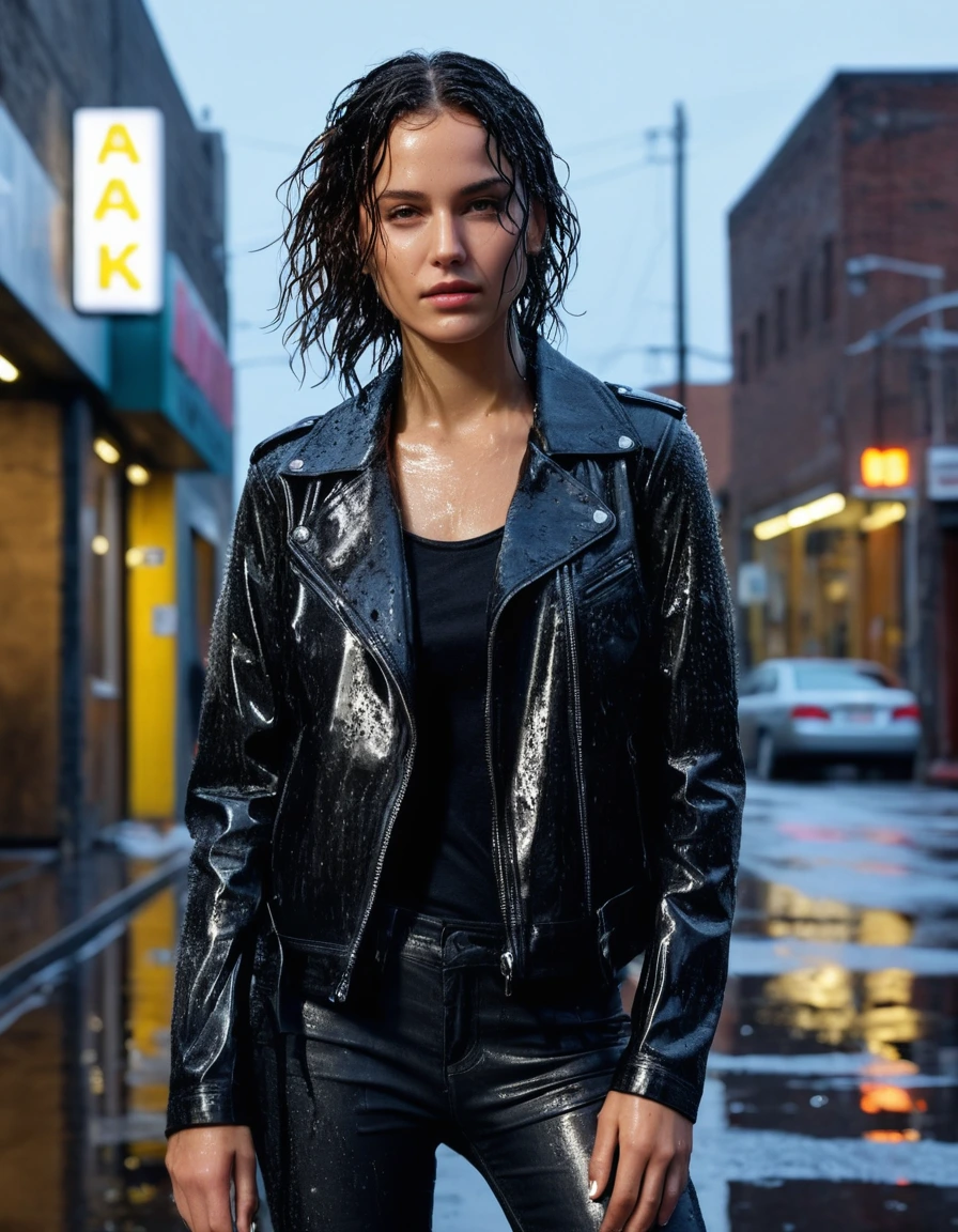 photo of young woman, in soaking wet, drenched clothes,
Black leather ankle boots, soaked and glistening , skin tight black leather jeans, saturated, black long sleeve leather shirt, black bikers leather jacket , suburban street corner next to a neon-lit laundromat entrance, drenched, close up, 
enjoying, wet clothes stuck to body,
detailed textures of the wet clothes, wet face, wet plastered hair,
wet, drenched, professional, high-quality details, full body view.
sharp focus, ultra-high pixel detail, realistic, high-quality, full colors, incredibly detailed, 4k, 8k, 16k, hyper-realistic, RAW photo, masterpiece, ultra-detailed, professionally color graded, professional photograph, intense wind-driven rain, hyper-realistic water droplets, cinematic rim lighting, fabric transparency, high-fashion editorial aesthetic, drenched hair, dry skin, dry clothes, dry fabric