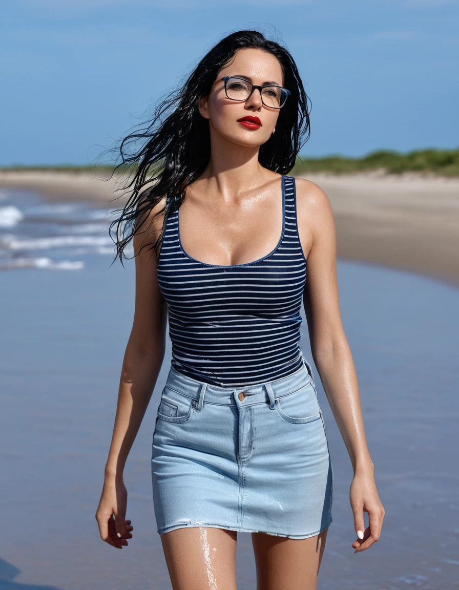 photo of young woman, in soaking wet, drenched clothes,
office shoes , short tight blue leather jeans skirt, black & white striped tight tank top, walking on the beach, 
enjoying, wet clothes stuck to body,
detailed textures of the wet clothes, wet face, wet plastered hair,
wet, drenched, professional, high-quality details, full body view.
sharp focus, ultra-high pixel detail, realistic, high-quality, full colors, incredibly detailed, 4k, 8k, 16k, hyper-realistic, RAW photo, masterpiece, ultra-detailed, professionally color graded, professional photograph, woman 51 years old, long black hair, very big and thick lips, office glasses, complete body, open mouth, dry skin, dry clothes, dry fabric