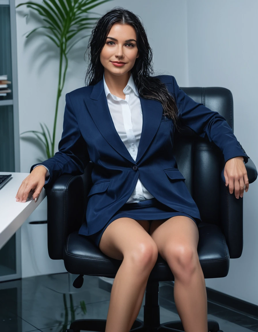 photo of young woman, in soaking wet, drenched clothes,
office shoes , darkblue miniskirt, Darkblue fancy opened blazer over topless, in flooded office room on the swivel chair, 
enjoying, wet clothes stuck to body,
detailed textures of the wet clothes, wet face, wet plastered hair,
wet, drenched, professional, high-quality details, full body view.
sharp focus, ultra-high pixel detail, realistic, high-quality, full colors, incredibly detailed, 4k, 8k, 16k, hyper-realistic, RAW photo, masterpiece, ultra-detailed, professionally color graded, professional photograph, woman 51 years old, large boobs, long black hair, very big and thick lips, smiling face expression, office glasses, complete body, open mouth,, dry skin, dry clothes, dry fabric