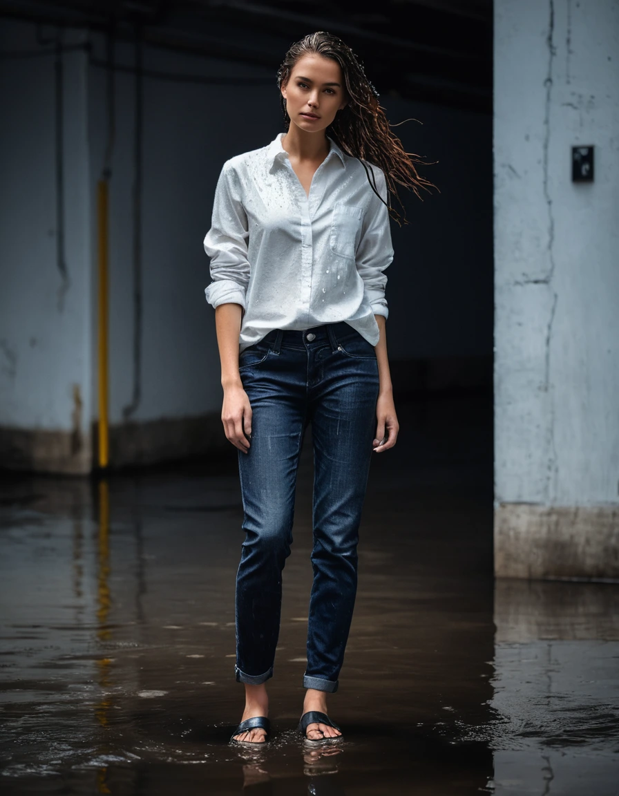 photo of young woman, in soaking wet, drenched clothes,
strappy black leather sandals, wet skin, slim-fit dark blue denim jeans, heavily saturated and clinging, white oversized linen button-down shirt, translucent and soaked, concrete parking garage entrance, urban industrial setting, 
enjoying, wet clothes stuck to body,
detailed textures of the wet clothes, wet face, wet plastered hair,
wet, drenched, professional, high-quality details, full body view.
sharp focus, ultra-high pixel detail, realistic, high-quality, full colors, incredibly detailed, 4k, 8k, 16k, hyper-realistic, RAW photo, masterpiece, ultra-detailed, professionally color graded, professional photograph, editorial fashion photography, sharp focus, glistening wet textures, cascading water droplets, dramatic overhead lighting, cinematic contrast, water puddles on floor, dry skin, dry clothes, dry fabric