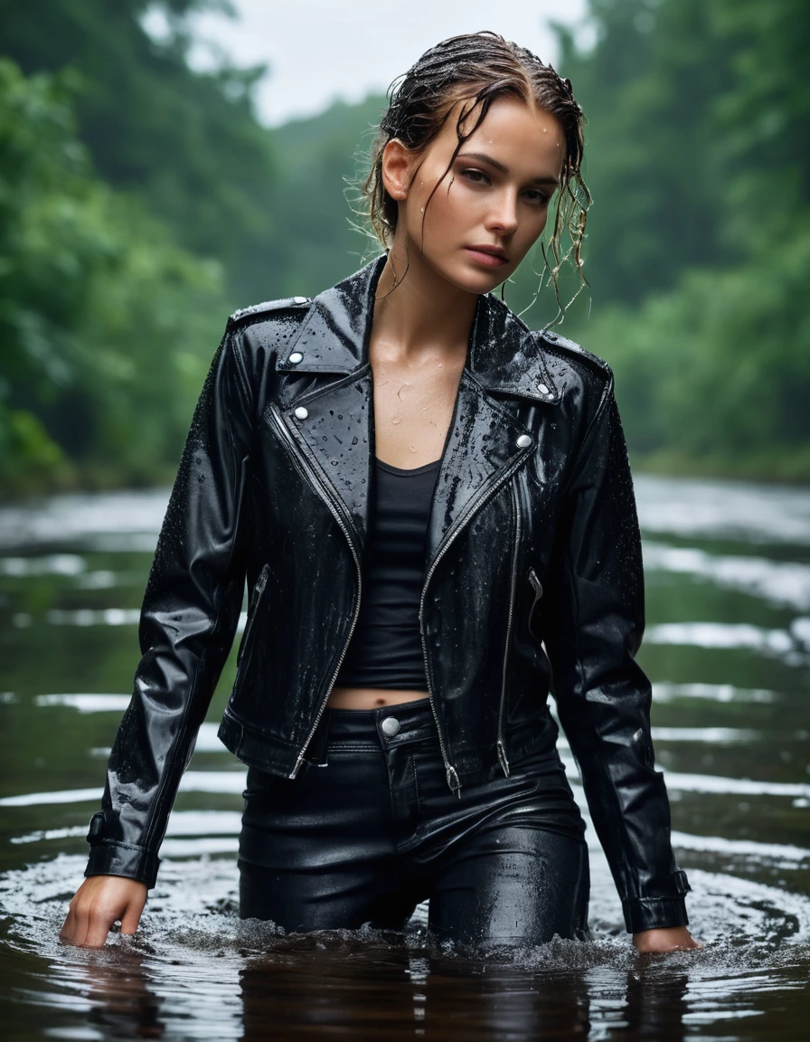 photo of young woman, in soaking wet, drenched clothes,
Black leather ankle boots, soaked and glistening , skin tight black leather jeans, saturated, black long sleeve leather shirt, black bikers leather jacket , snow covered forest, lying sbmerged in a river, head and sholders above the water, drenched, close up, 
enjoying, wet clothes stuck to body,
detailed textures of the wet clothes, wet face, wet plastered hair,
wet, drenched, professional, high-quality details, full body view.
sharp focus, ultra-high pixel detail, realistic, high-quality, full colors, incredibly detailed, 4k, 8k, 16k, hyper-realistic, RAW photo, masterpiece, ultra-detailed, professionally color graded, professional photograph, intense wind-driven rain, hyper-realistic water droplets, cinematic rim lighting, fabric transparency, high-fashion editorial aesthetic, drenched hair, dry skin, dry clothes, dry fabric