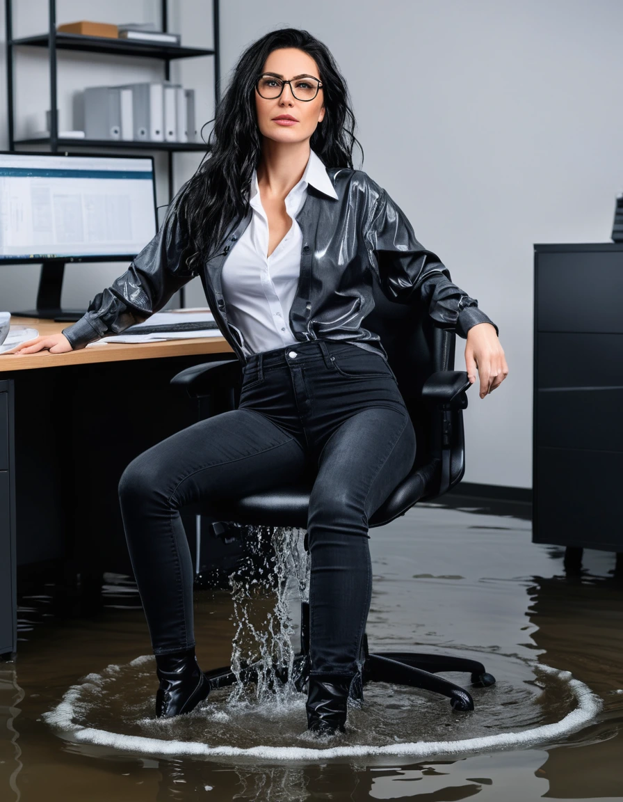 photo of young woman, in soaking wet, drenched clothes,
office shoes , long tight black jeans, black jeans shirt with long sleeves, in flooded office room on the swivel chair. Half meter water level in the office, 
enjoying, wet clothes stuck to body,
detailed textures of the wet clothes, wet face, wet plastered hair,
wet, drenched, professional, high-quality details, full body view.
sharp focus, ultra-high pixel detail, realistic, high-quality, full colors, incredibly detailed, 4k, 8k, 16k, hyper-realistic, RAW photo, masterpiece, ultra-detailed, professionally color graded, professional photograph, woman 51 years old, long black hair, very big and thick lips, office glasses, complete body, open mouth, dry skin, dry clothes, dry fabric, dry skin, dry clothes, dry fabric