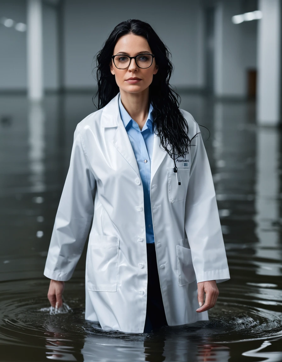 photo of young woman, in soaking wet, drenched clothes,
office shoes , white midi labcoat with long sleeves, white midi labcoat with long sleeves, walking complete submerged in flooded laboratory, 
enjoying, wet clothes stuck to body,
detailed textures of the wet clothes, wet face, wet plastered hair,
wet, drenched, professional, high-quality details, full body view.
sharp focus, ultra-high pixel detail, realistic, high-quality, full colors, incredibly detailed, 4k, 8k, 16k, hyper-realistic, RAW photo, masterpiece, ultra-detailed, professionally color graded, professional photograph, woman 51 years old, long black hair, very big and thick lips, office glasses, complete body, open mouth,, dry skin, dry clothes, dry fabric