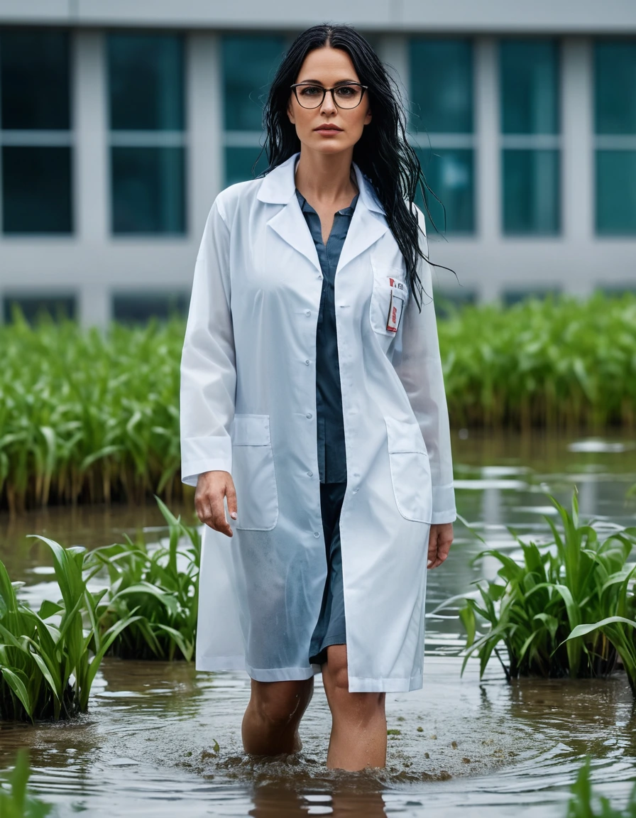 photo of young woman, in soaking wet, drenched clothes,
office shoes , white midi labcoat with long sleeves, white midi labcoat with long sleeves, walking complete submerged in flooded plant, 
enjoying, wet clothes stuck to body,
detailed textures of the wet clothes, wet face, wet plastered hair,
wet, drenched, professional, high-quality details, full body view.
sharp focus, ultra-high pixel detail, realistic, high-quality, full colors, incredibly detailed, 4k, 8k, 16k, hyper-realistic, RAW photo, masterpiece, ultra-detailed, professionally color graded, professional photograph, woman 51 years old, long black hair, very big and thick lips, office glasses, complete body, open mouth,, dry skin, dry clothes, dry fabric