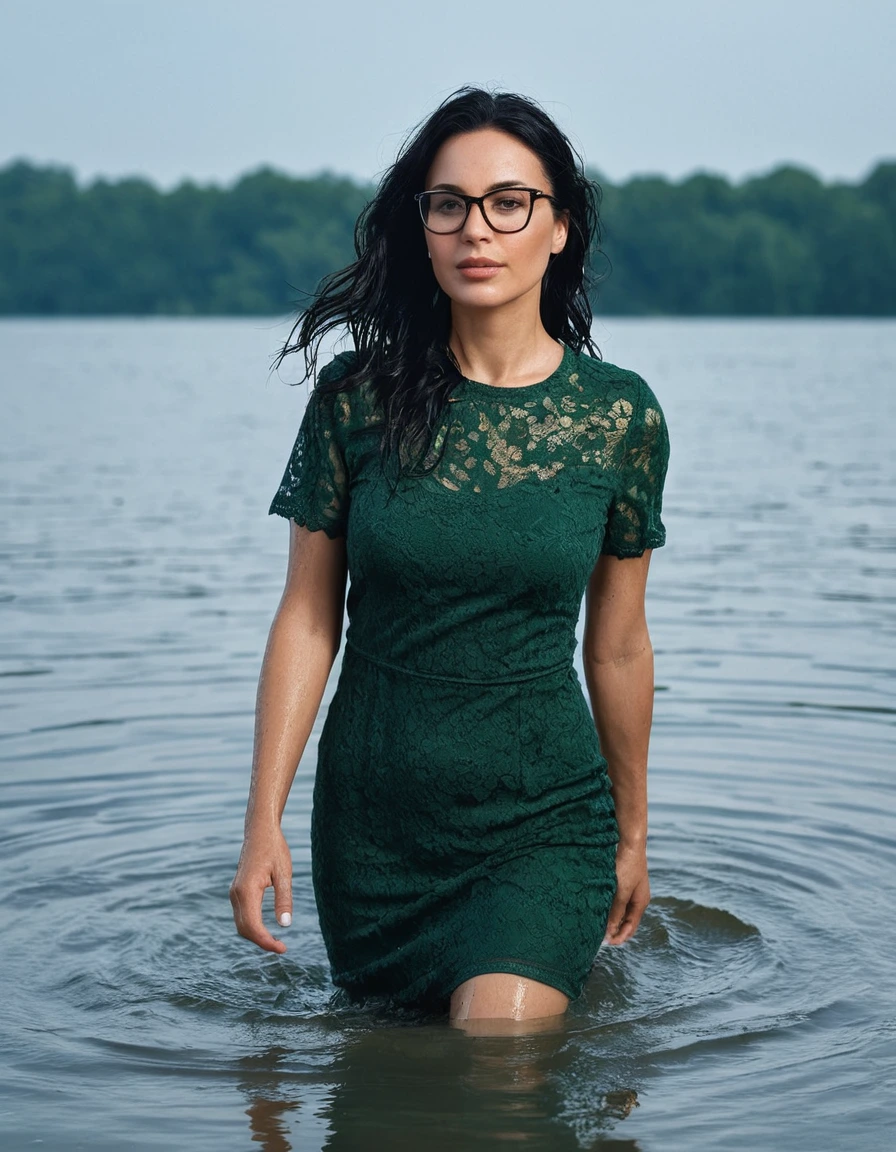 photo of young woman, in soaking wet, drenched clothes,
office shoes , tight midi dark green lace t-shirt dress with short sleeves, tight midi dark green lace t-shirt dress with short sleeves, walking submerged in sunny lake, 
enjoying, wet clothes stuck to body,
detailed textures of the wet clothes, wet face, wet plastered hair,
wet, drenched, professional, high-quality details, full body view.
sharp focus, ultra-high pixel detail, realistic, high-quality, full colors, incredibly detailed, 4k, 8k, 16k, hyper-realistic, RAW photo, masterpiece, ultra-detailed, professionally color graded, professional photograph, woman 51 years old, long black hair, very big and thick lips, office glasses, complete body, open mouth, dry skin, dry clothes, dry fabric