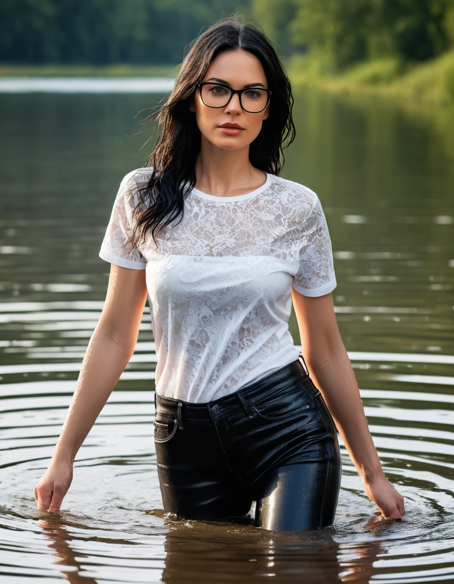 photo of young woman, in soaking wet, drenched clothes,
office shoes , long tight black leather jeans shinning, white lace t-shirt with short sleeves, walking submerged in sunny lake, 
enjoying, wet clothes stuck to body,
detailed textures of the wet clothes, wet face, wet plastered hair,
wet, drenched, professional, high-quality details, full body view.
sharp focus, ultra-high pixel detail, realistic, high-quality, full colors, incredibly detailed, 4k, 8k, 16k, hyper-realistic, RAW photo, masterpiece, ultra-detailed, professionally color graded, professional photograph, woman 51 years old, long black hair, very big and thick lips, office glasses, complete body, open mouth, dry skin, dry clothes, dry fabric