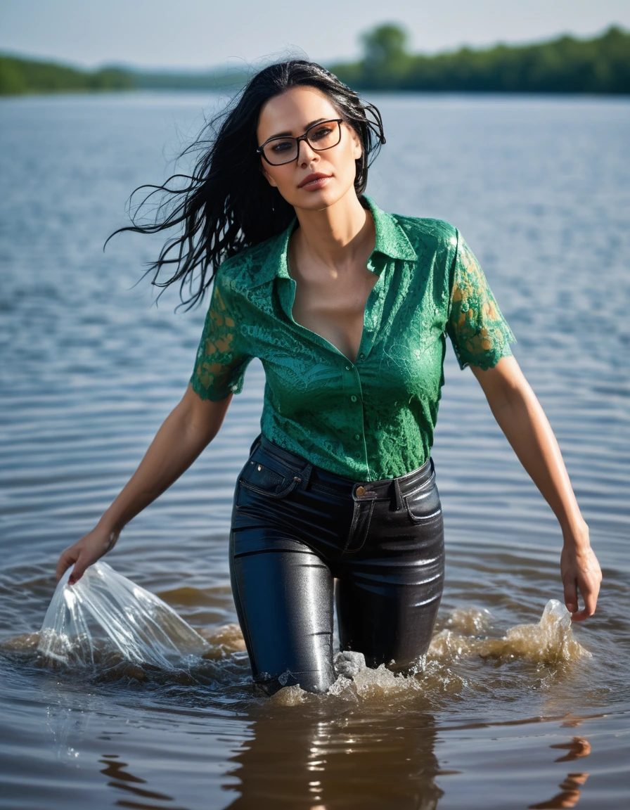 photo of young woman, in soaking wet, drenched clothes,
office shoes , long tight blue leather jeans shinning, green lace t-shirt with short sleeves, walking submerged in sunny lake, 
enjoying, wet clothes stuck to body,
detailed textures of the wet clothes, wet face, wet plastered hair,
wet, drenched, professional, high-quality details, full body view.
sharp focus, ultra-high pixel detail, realistic, high-quality, full colors, incredibly detailed, 4k, 8k, 16k, hyper-realistic, RAW photo, masterpiece, ultra-detailed, professionally color graded, professional photograph, woman 51 years old, long black hair, very big and thick lips, office glasses, complete body, open mouth, dry skin, dry clothes, dry fabric
