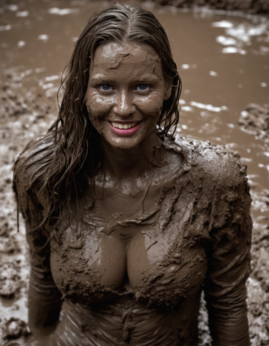 photo of young woman, in soaking wet, drenched clothes,
Muddy high heels, Long very muddy suit pants, Full muddy ruined fully-opened unbuttoned sexy blazer like a fancy uniform over topless with super sexy cleavage and exposed extreme huge saggy hanging boobs., Dark muddy indoor disco club at night. Deep mud on the floor, mud splashed walls, dripping mud from above, very dark mood lighting with pink and blue neon lights from above. Muddy chairs and sofas in the background. , 
enjoying, wet clothes stuck to body,
detailed textures of the wet clothes, wet face, wet plastered hair,
wet, drenched, professional, high-quality details, full body view.
sharp focus, ultra-high pixel detail, realistic, high-quality, full colors, incredibly detailed, 4k, 8k, 16k, hyper-realistic, RAW photo, masterpiece, ultra-detailed, professionally color graded, professional photograph, Three stunning blonde 60 years old beautiful gleaming grannies are wallowing together in the deep muddy pool after a full dip in it and holding a glass of champagne in their hands during the crazy muddy indoor disco party at night and posing for a professional photo. They are proudly wearing their fully and heavily mud-covered unbuttoned and opened sexy suits in every case which are fully exposing their amazingly huge sexy and saggy muddy boobs. Focus on the blazers, on the large muddy cleavages of the blazers and on the bravely displayed super huge muddy heavy saggy boobs. Every small details of the clothes are muddy, muddy beautiful faces, muddy chests and huge saggy boobs. Their blazer has the same colour as their muddy pants. The classy elegant disco club is totally destroyed by mud, mud spots everywhere, mud flows down on the walls, mud on the furnitures in the background. Straight muddy very long open wavy hairstyle, muddy hair, smiling and satisfied beautiful muddy faces, blue eyes, necklaces, earrings, lipstick. The women are enjoying to being total muddy in the muddy pool, being sexy, naughty while they are enjoying the muddy fetish party. Realistic huge heavy saggy muddy boobs and photorealistic detailed smiling facial expressions. Intimate close-up picture about the women. Close-up photo from front view, highly realistic representation, ultra sharp focus, highly photorealistic detailed textures, highly photorealistic detailed facial features and expressions, highly photorealistic hands, highly emotional reactions, highly best quality, highly sharp photorealistic image, highly photorealistic details, full UHD resolution, 32 K, very high level of detail and image sharpness, zoomed in, dry skin, dry clothes, dry fabric, dry skin, dry clothes, dry fabric, dry skin, dry clothes, dry fabric, dry skin, dry clothes, dry fabric, dry skin, dry clothes, dry fabric, dry skin, dry clothes, dry fabric, dry skin, dry clothes, dry fabric, dry skin, dry clothes, dry fabric