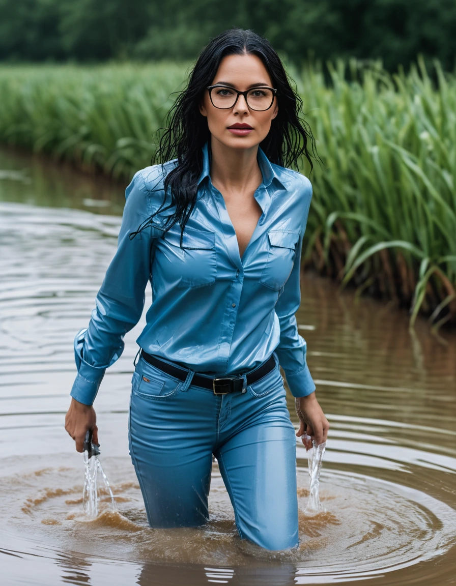 photo of young woman, in soaking wet, drenched clothes,
office shoes , long tight light blue leather jeans shinning, light blue jeans shirt with long sleeves, walking in flooded plant, 
enjoying, wet clothes stuck to body,
detailed textures of the wet clothes, wet face, wet plastered hair,
wet, drenched, professional, high-quality details, full body view.
sharp focus, ultra-high pixel detail, realistic, high-quality, full colors, incredibly detailed, 4k, 8k, 16k, hyper-realistic, RAW photo, masterpiece, ultra-detailed, professionally color graded, professional photograph, woman 51 years old, long black hair, very big and thick lips, office glasses, complete body, open mouth,,, dry skin, dry clothes, dry fabric