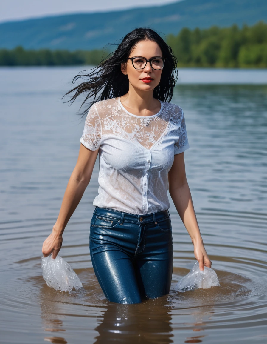 photo of young woman, in soaking wet, drenched clothes,
office shoes , long tight blue leather jeans shinning, white lace t-shirt with short sleeves, walking submerged in sunny lake, 
enjoying, wet clothes stuck to body,
detailed textures of the wet clothes, wet face, wet plastered hair,
wet, drenched, professional, high-quality details, full body view.
sharp focus, ultra-high pixel detail, realistic, high-quality, full colors, incredibly detailed, 4k, 8k, 16k, hyper-realistic, RAW photo, masterpiece, ultra-detailed, professionally color graded, professional photograph, woman 51 years old, long black hair, very big and thick lips, office glasses, complete body, open mouth, dry skin, dry clothes, dry fabric