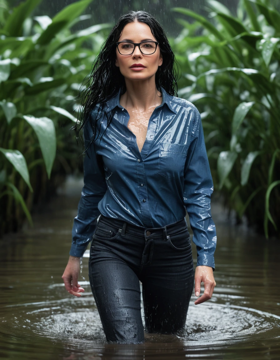 photo of young woman, in soaking wet, drenched clothes,
office shoes , long tight blue jeans shinning, black jeans shirt with long sleeves, walking in flooded plant, 
enjoying, wet clothes stuck to body,
detailed textures of the wet clothes, wet face, wet plastered hair,
wet, drenched, professional, high-quality details, full body view.
sharp focus, ultra-high pixel detail, realistic, high-quality, full colors, incredibly detailed, 4k, 8k, 16k, hyper-realistic, RAW photo, masterpiece, ultra-detailed, professionally color graded, professional photograph, woman 51 years old, long black hair, very big and thick lips, office glasses, complete body, open mouth,,, dry skin, dry clothes, dry fabric