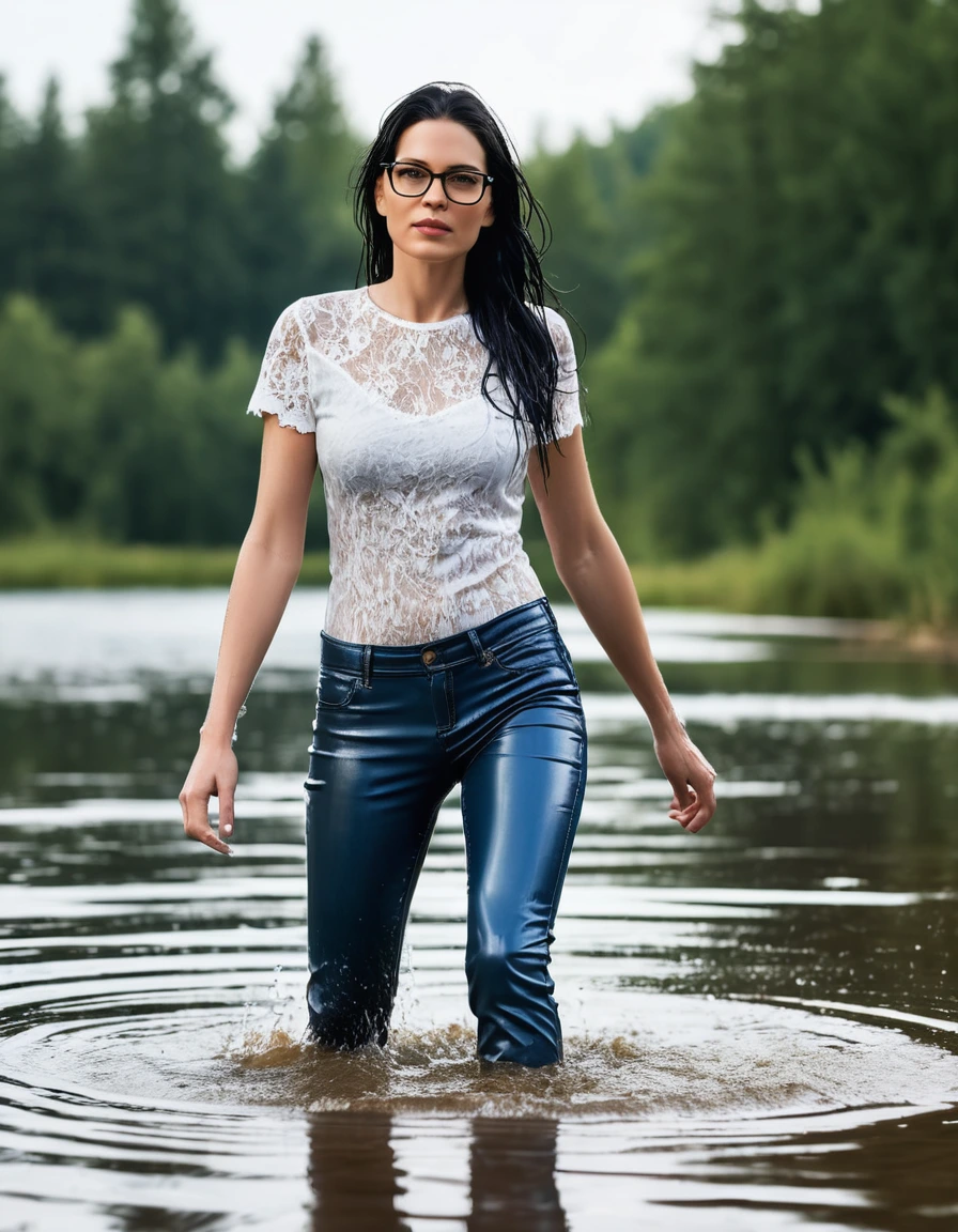photo of young woman, in soaking wet, drenched clothes,
office shoes , long tight blue leather jeans shinning, white lace t-shirt with short sleeves, walking submerged in sunny lake, 
enjoying, wet clothes stuck to body,
detailed textures of the wet clothes, wet face, wet plastered hair,
wet, drenched, professional, high-quality details, full body view.
sharp focus, ultra-high pixel detail, realistic, high-quality, full colors, incredibly detailed, 4k, 8k, 16k, hyper-realistic, RAW photo, masterpiece, ultra-detailed, professionally color graded, professional photograph, woman 51 years old, long black hair, very big and thick lips, office glasses, complete body, open mouth, dry skin, dry clothes, dry fabric