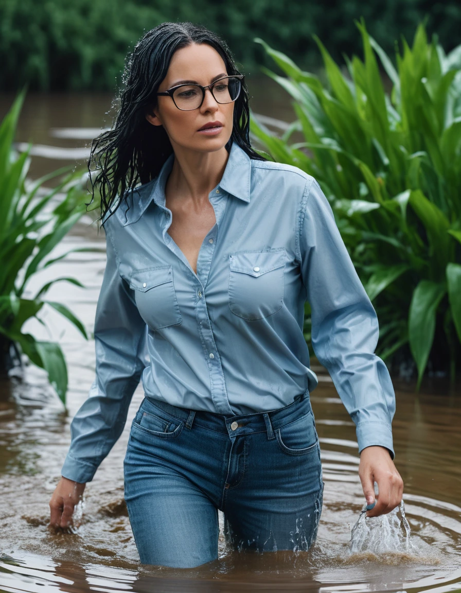 photo of young woman, in soaking wet, drenched clothes,
office shoes , long tight light blue jeans shinning, light blue jeans shirt with long sleeves, walking in flooded plant, 
enjoying, wet clothes stuck to body,
detailed textures of the wet clothes, wet face, wet plastered hair,
wet, drenched, professional, high-quality details, full body view.
sharp focus, ultra-high pixel detail, realistic, high-quality, full colors, incredibly detailed, 4k, 8k, 16k, hyper-realistic, RAW photo, masterpiece, ultra-detailed, professionally color graded, professional photograph, woman 51 years old, long black hair, very big and thick lips, office glasses, complete body, open mouth,, dry skin, dry clothes, dry fabric