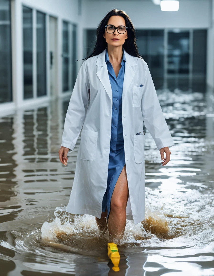 photo of young woman, in soaking wet, drenched clothes,
office shoes , white midi labcoat with long sleeves, white midi labcoat with long sleeves, walking complete submerged in flooded laboratory, 
enjoying, wet clothes stuck to body,
detailed textures of the wet clothes, wet face, wet plastered hair,
wet, drenched, professional, high-quality details, full body view.
sharp focus, ultra-high pixel detail, realistic, high-quality, full colors, incredibly detailed, 4k, 8k, 16k, hyper-realistic, RAW photo, masterpiece, ultra-detailed, professionally color graded, professional photograph, woman 51 years old, long black hair, very big and thick lips, office glasses, complete body, open mouth,, dry skin, dry clothes, dry fabric