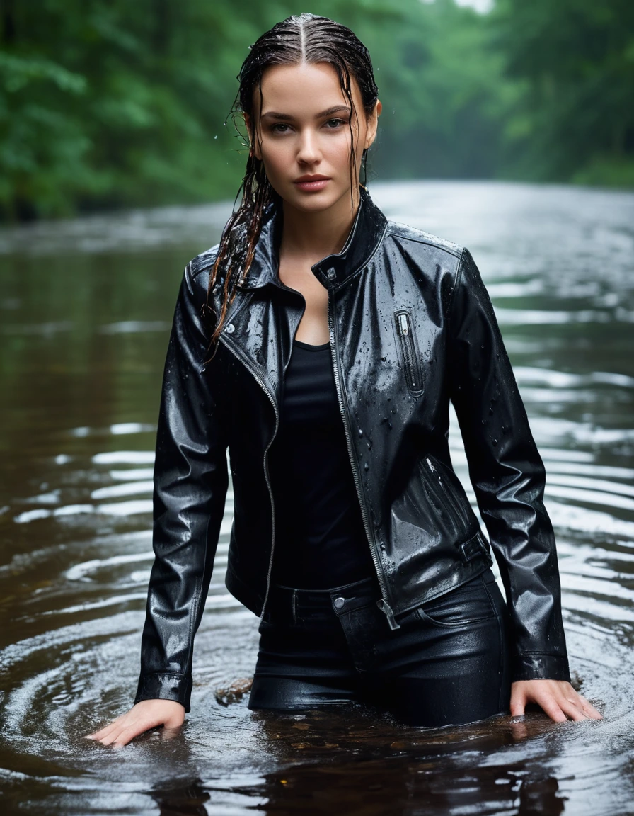 photo of young woman, in soaking wet, drenched clothes,
Black leather ankle boots, soaked and glistening , skin tight black leather jeans, saturated, black long sleeve leather shirt, black bikers leather jacket , snow covered forest, lying sbmerged in a river, head and sholders above the water, drenched, close up, 
enjoying, wet clothes stuck to body,
detailed textures of the wet clothes, wet face, wet plastered hair,
wet, drenched, professional, high-quality details, full body view.
sharp focus, ultra-high pixel detail, realistic, high-quality, full colors, incredibly detailed, 4k, 8k, 16k, hyper-realistic, RAW photo, masterpiece, ultra-detailed, professionally color graded, professional photograph, intense wind-driven rain, hyper-realistic water droplets, cinematic rim lighting, fabric transparency, high-fashion editorial aesthetic, drenched hair, dry skin, dry clothes, dry fabric