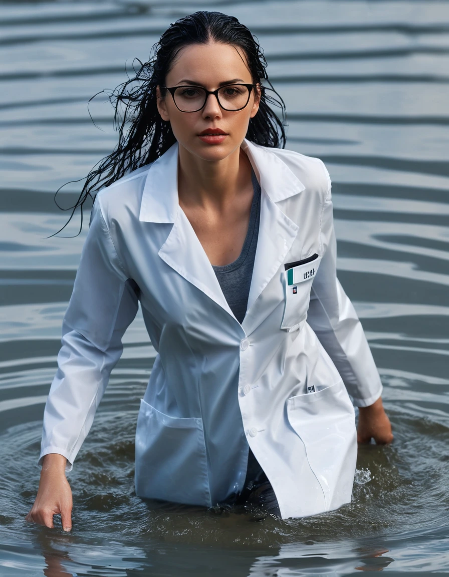 photo of young woman, in soaking wet, drenched clothes,
office shoes , white midi labcoat with long sleeves, white midi labcoat with long sleeves, walking complete submerged under water in deep lake, 
enjoying, wet clothes stuck to body,
detailed textures of the wet clothes, wet face, wet plastered hair,
wet, drenched, professional, high-quality details, full body view.
sharp focus, ultra-high pixel detail, realistic, high-quality, full colors, incredibly detailed, 4k, 8k, 16k, hyper-realistic, RAW photo, masterpiece, ultra-detailed, professionally color graded, professional photograph, woman 51 years old, long black hair, very big and thick lips, office glasses, complete body, open mouth,,, dry skin, dry clothes, dry fabric