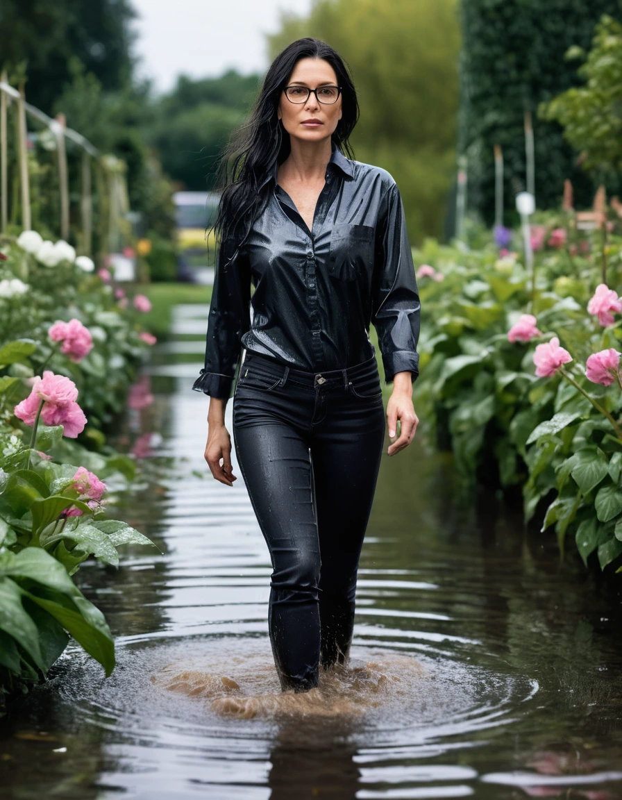 photo of young woman, in soaking wet, drenched clothes,
office shoes , long black jeans, black jeans shirt with long sleeves, walking in flooded flower garden, 
enjoying, wet clothes stuck to body,
detailed textures of the wet clothes, wet face, wet plastered hair,
wet, drenched, professional, high-quality details, full body view.
sharp focus, ultra-high pixel detail, realistic, high-quality, full colors, incredibly detailed, 4k, 8k, 16k, hyper-realistic, RAW photo, masterpiece, ultra-detailed, professionally color graded, professional photograph, woman 51 years old, long black hair, very big and thick lips, office glasses, complete body, open mouth,, dry skin, dry clothes, dry fabric