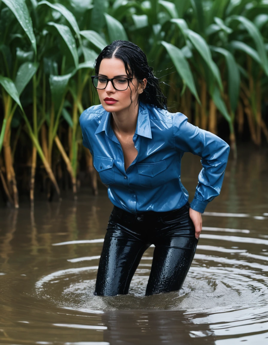 photo of young woman, in soaking wet, drenched clothes,
office shoes , long tight blue leather jeans shinning, black jeans shirt with long sleeves, walking in flooded plant, 
enjoying, wet clothes stuck to body,
detailed textures of the wet clothes, wet face, wet plastered hair,
wet, drenched, professional, high-quality details, full body view.
sharp focus, ultra-high pixel detail, realistic, high-quality, full colors, incredibly detailed, 4k, 8k, 16k, hyper-realistic, RAW photo, masterpiece, ultra-detailed, professionally color graded, professional photograph, woman 51 years old, long black hair, very big and thick lips, office glasses, complete body, open mouth,,, dry skin, dry clothes, dry fabric