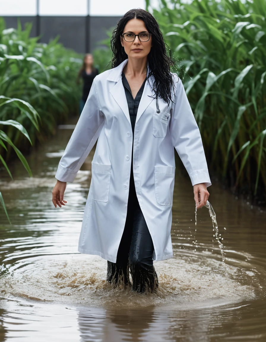 photo of young woman, in soaking wet, drenched clothes,
office shoes , white midi labcoat with long sleeves, white midi labcoat with long sleeves, walking complete submerged in flooded plant, 
enjoying, wet clothes stuck to body,
detailed textures of the wet clothes, wet face, wet plastered hair,
wet, drenched, professional, high-quality details, full body view.
sharp focus, ultra-high pixel detail, realistic, high-quality, full colors, incredibly detailed, 4k, 8k, 16k, hyper-realistic, RAW photo, masterpiece, ultra-detailed, professionally color graded, professional photograph, woman 51 years old, long black hair, very big and thick lips, office glasses, complete body, open mouth,, dry skin, dry clothes, dry fabric