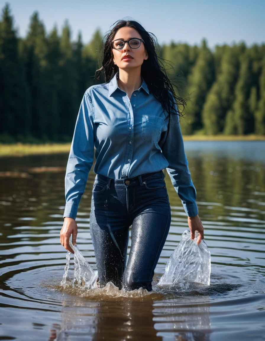 photo of young woman, in soaking wet, drenched clothes,
office shoes , long tight blue jeans shinning, blue jeans shirt with long sleeves, walking submerged in sunny deep lake, 
enjoying, wet clothes stuck to body,
detailed textures of the wet clothes, wet face, wet plastered hair,
wet, drenched, professional, high-quality details, full body view.
sharp focus, ultra-high pixel detail, realistic, high-quality, full colors, incredibly detailed, 4k, 8k, 16k, hyper-realistic, RAW photo, masterpiece, ultra-detailed, professionally color graded, professional photograph, woman 51 years old, long black hair, very big and thick lips, office glasses, complete body, open mouth,, dry skin, dry clothes, dry fabric