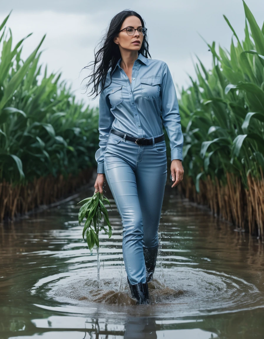 photo of young woman, in soaking wet, drenched clothes,
office shoes , long tight light blue leather jeans shinning, light blue jeans shirt with long sleeves, walking in flooded plant, 
enjoying, wet clothes stuck to body,
detailed textures of the wet clothes, wet face, wet plastered hair,
wet, drenched, professional, high-quality details, full body view.
sharp focus, ultra-high pixel detail, realistic, high-quality, full colors, incredibly detailed, 4k, 8k, 16k, hyper-realistic, RAW photo, masterpiece, ultra-detailed, professionally color graded, professional photograph, woman 51 years old, long black hair, very big and thick lips, office glasses, complete body, open mouth,,, dry skin, dry clothes, dry fabric