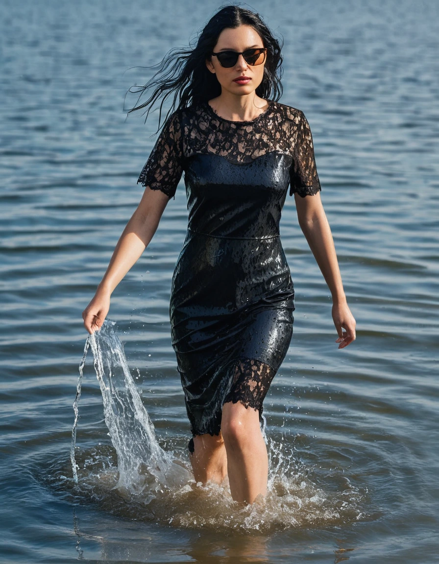 photo of young woman, in soaking wet, drenched clothes,
office shoes , tight midi black lace t-shirt dress with short sleeves, tight midi black lace t-shirt dress with short sleeves, walking submerged in sunny lake, 
enjoying, wet clothes stuck to body,
detailed textures of the wet clothes, wet face, wet plastered hair,
wet, drenched, professional, high-quality details, full body view.
sharp focus, ultra-high pixel detail, realistic, high-quality, full colors, incredibly detailed, 4k, 8k, 16k, hyper-realistic, RAW photo, masterpiece, ultra-detailed, professionally color graded, professional photograph, woman 51 years old, long black hair, very big and thick lips, office glasses, complete body, open mouth, dry skin, dry clothes, dry fabric