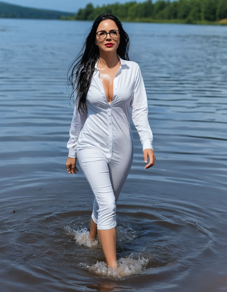 photo of young woman, in soaking wet, drenched clothes,
Sport shoes , midi tight white jeans dress, midi tight white jeans dress, walking in deep suuny lake, 
enjoying, wet clothes stuck to body,
detailed textures of the wet clothes, wet face, wet plastered hair,
wet, drenched, professional, high-quality details, full body view.
sharp focus, ultra-high pixel detail, realistic, high-quality, full colors, incredibly detailed, 4k, 8k, 16k, hyper-realistic, RAW photo, masterpiece, ultra-detailed, professionally color graded, professional photograph, woman 51 years old, long black hair, very big and thick lips, office glasses, complete body, open mouth, dry skin, dry clothes, dry fabric