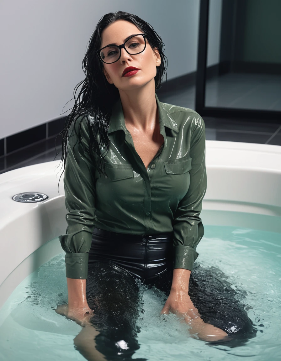 photo of young woman, in soaking wet, drenched clothes,
office shoes , long black jeans, dark green jeans shirt with long sleeves, in jacuzzi full of water, 
enjoying, wet clothes stuck to body,
detailed textures of the wet clothes, wet face, wet plastered hair,
wet, drenched, professional, high-quality details, full body view.
sharp focus, ultra-high pixel detail, realistic, high-quality, full colors, incredibly detailed, 4k, 8k, 16k, hyper-realistic, RAW photo, masterpiece, ultra-detailed, professionally color graded, professional photograph, woman 51 years old, long black hair, very big and thick lips, office glasses, complete body, open mouth, dry skin, dry clothes, dry fabric