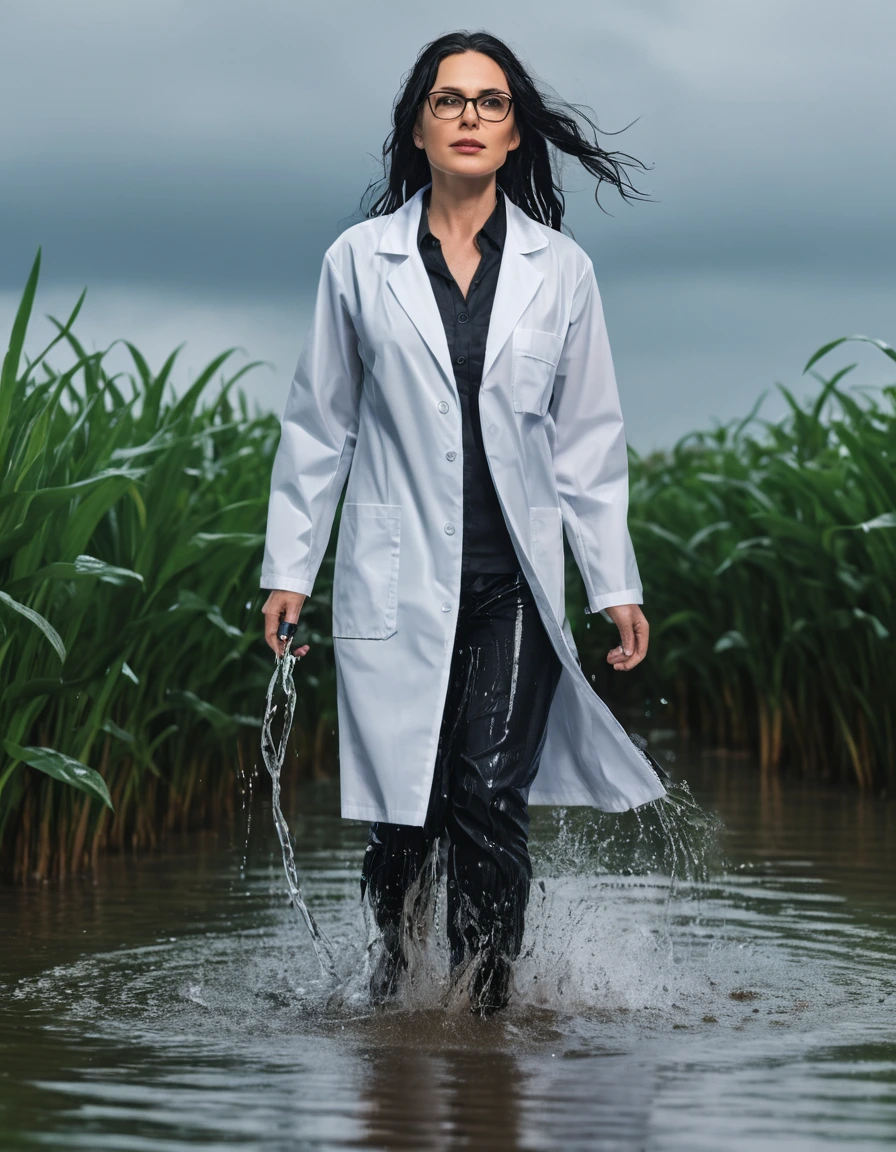 photo of young woman, in soaking wet, drenched clothes,
office shoes , white midi labcoat with long sleeves, white midi labcoat with long sleeves, walking submerged in flooded plant, 
enjoying, wet clothes stuck to body,
detailed textures of the wet clothes, wet face, wet plastered hair,
wet, drenched, professional, high-quality details, full body view.
sharp focus, ultra-high pixel detail, realistic, high-quality, full colors, incredibly detailed, 4k, 8k, 16k, hyper-realistic, RAW photo, masterpiece, ultra-detailed, professionally color graded, professional photograph, woman 51 years old, long black hair, very big and thick lips, office glasses, complete body, open mouth,, dry skin, dry clothes, dry fabric